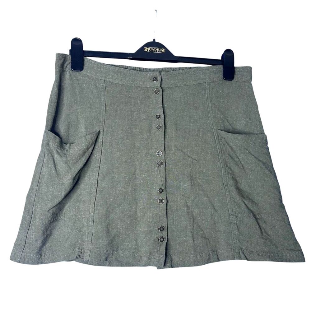 Womens Olive Linen Mini Skirt Sz L Earth Tone Pull-On Lagenlook Euro Summer